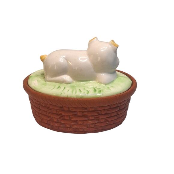 Oval Basket Weave Ceramic Pig Lid Nesting Trinket Box Vintage Hand Painted 5x5x4 - Picture 2 of 7